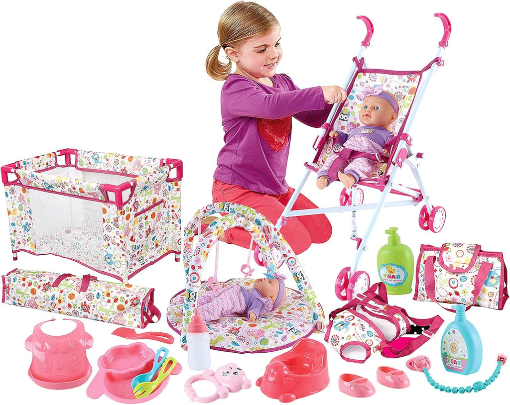 Kids Baby Doll Stroller Nursery Role Play Set with a Variety of Feeding Toy and Play Mat Travel Cot Baby Carrier