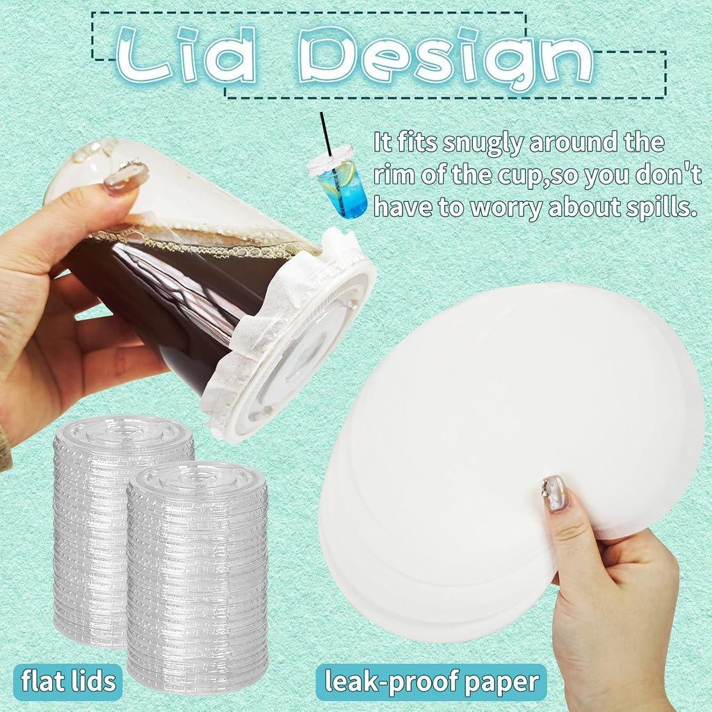 16 oz Clear Plastic Cups with Lids,Leak-proof Paper and Straws,25 Sets