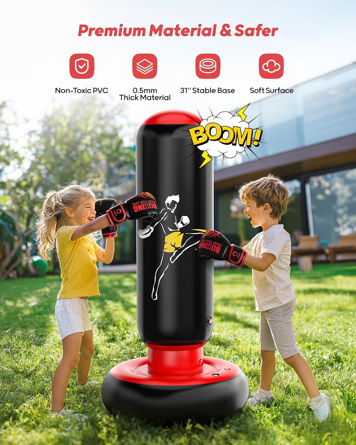 Kids Punching Bag Toy with Boxing Gloves, 66 Inch Larger Stable Kids Inflatable Boxing Bag Set, Gifts for Boys &