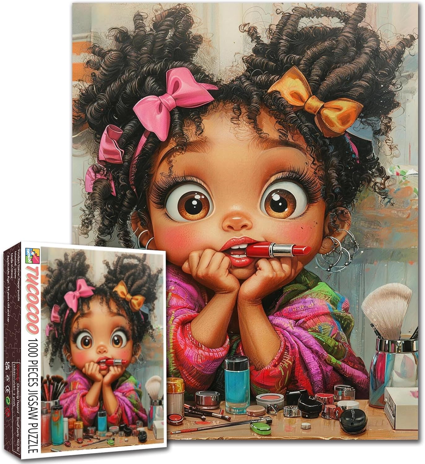 1000 Piece Jigsaw Puzzle for Adults Cute Girl Makeup Scene Puzzle 19.7 x 27.6 Inches Beauty Big Eyes Colorful Little