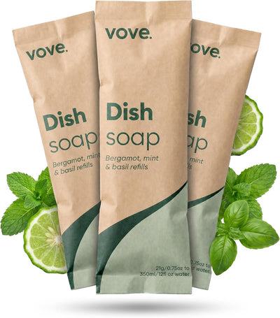 Dish Soap Refills 3-Pack, Bergamot Mint & Basil, Powder-to-Gel Dishwashing Liquid Refill, Plant-Based Concentrated