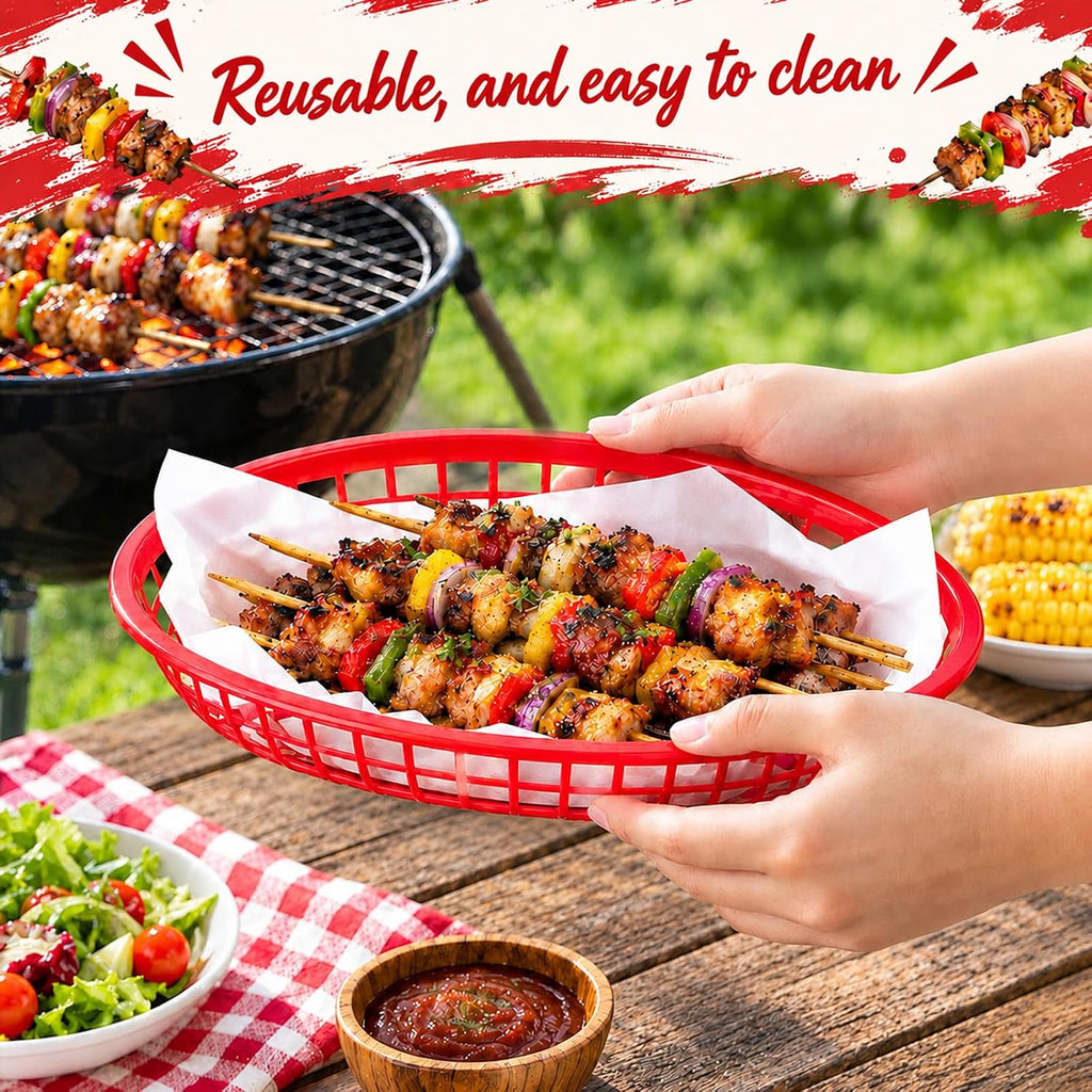 24 Pack Large Oval Serving Plastic Fast Food Baskets, Red