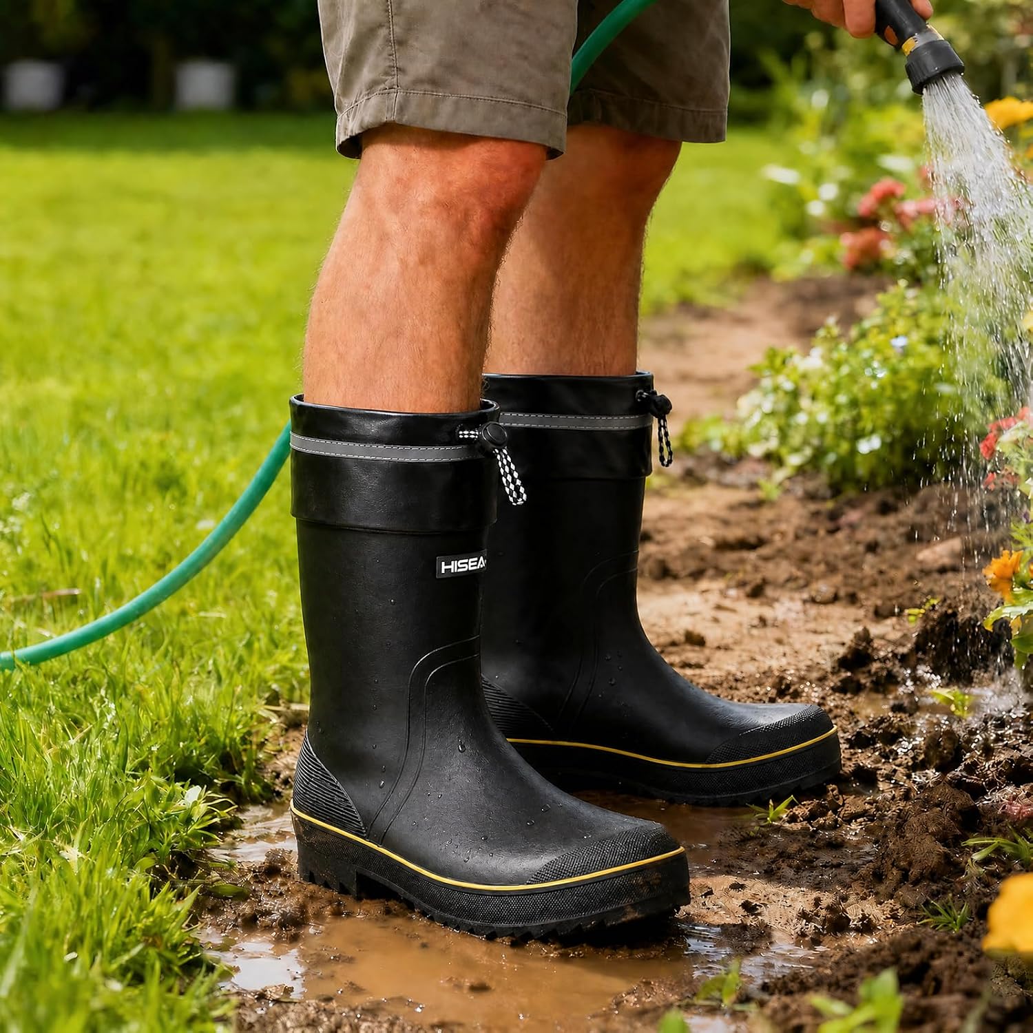 Men's Rain Boots Waterproof PVC Rubber Mud Boots, Lightweight Comfort Mid-Calf Work Boots, Garden Shoes for Fishing