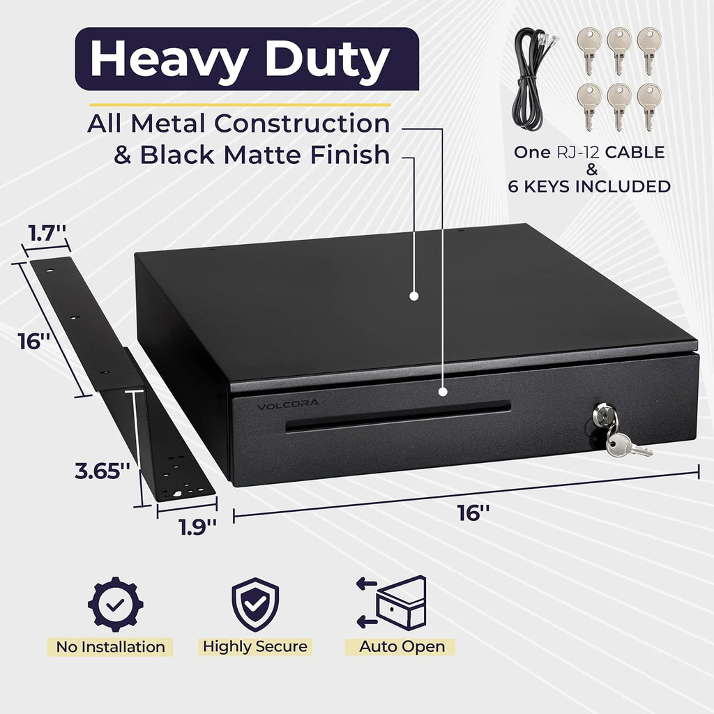 Cash Register Drawer with Under Counter Mounting Metal Bracket - 16" Black Cash Drawer for POS, 5 Bill 6 Coin Cash