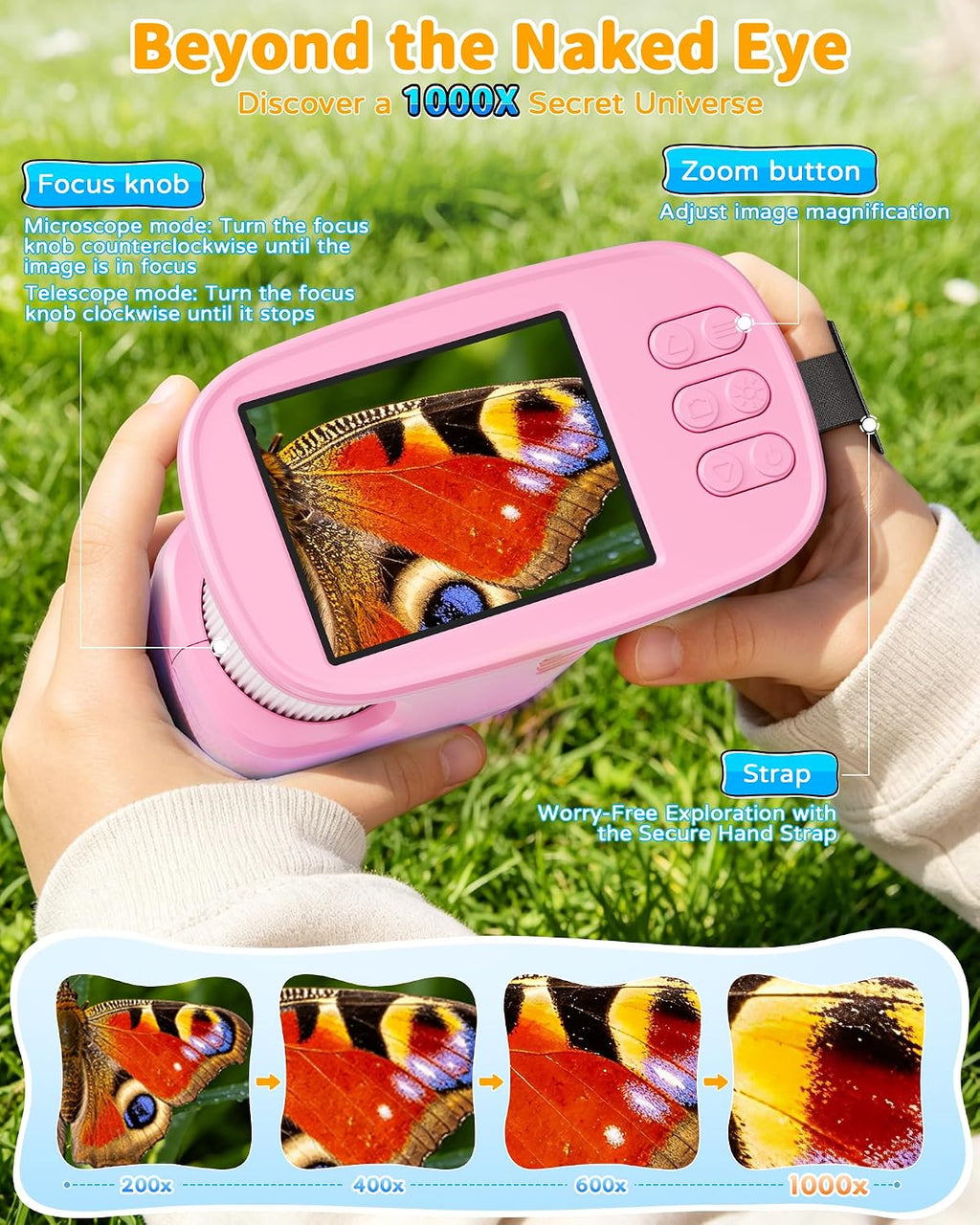 1000X Kids Handheld Microscope, 4K Digital Mini Pocket Digital Microscope with 2.4" IPS Screen, Built-in Camera & 12