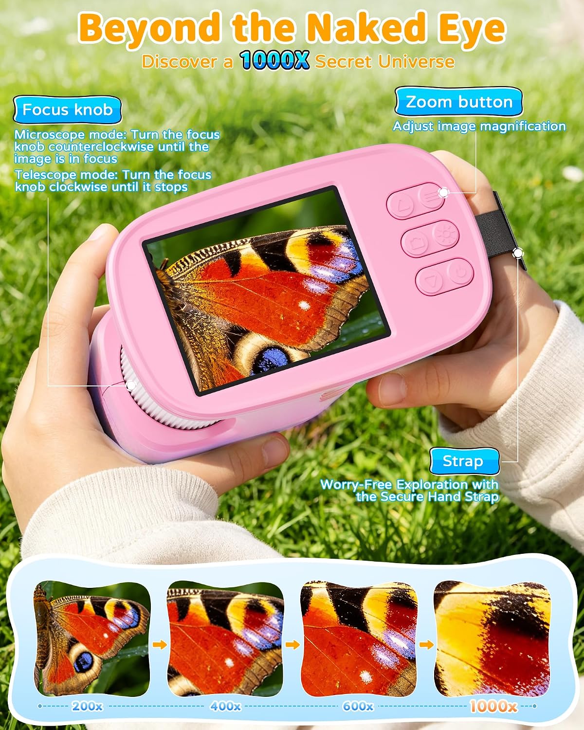1000X Kids Handheld Microscope, 4K Digital Mini Pocket Digital Microscope with 2.4" IPS Screen, Built-in Camera & 12