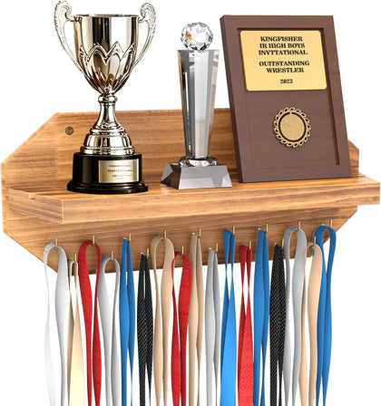 Medal Hanger Display - Wooden Trophy and Medal Display Shelf | Natural Solid Wood, Thickened Board, Anti-Slip Groove