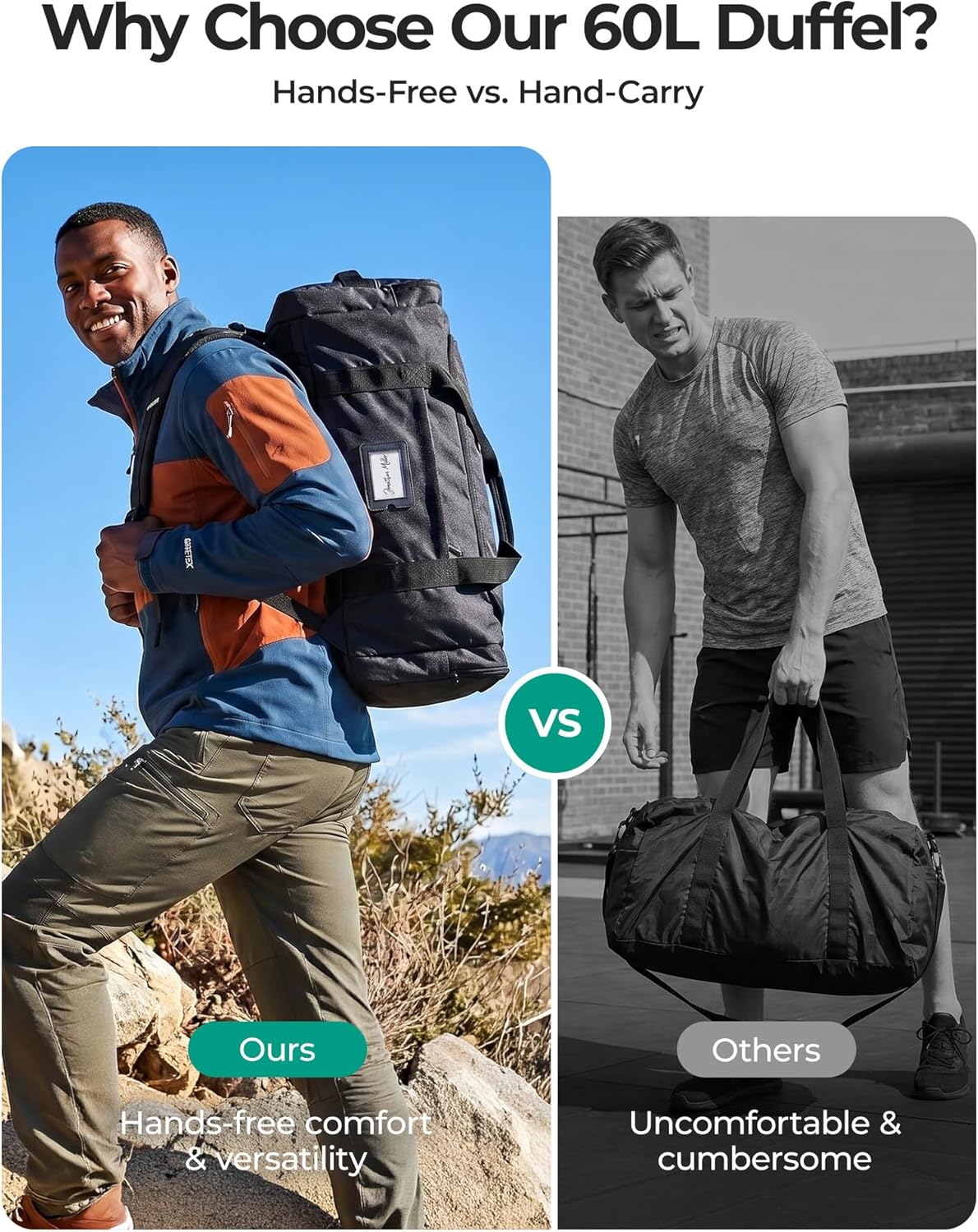BAGSAMRT 60L Foldable Duffle Bag for Travel, Large Travel Duffel Bag for Men, 4 in 1 Travel Backpack, Carry on