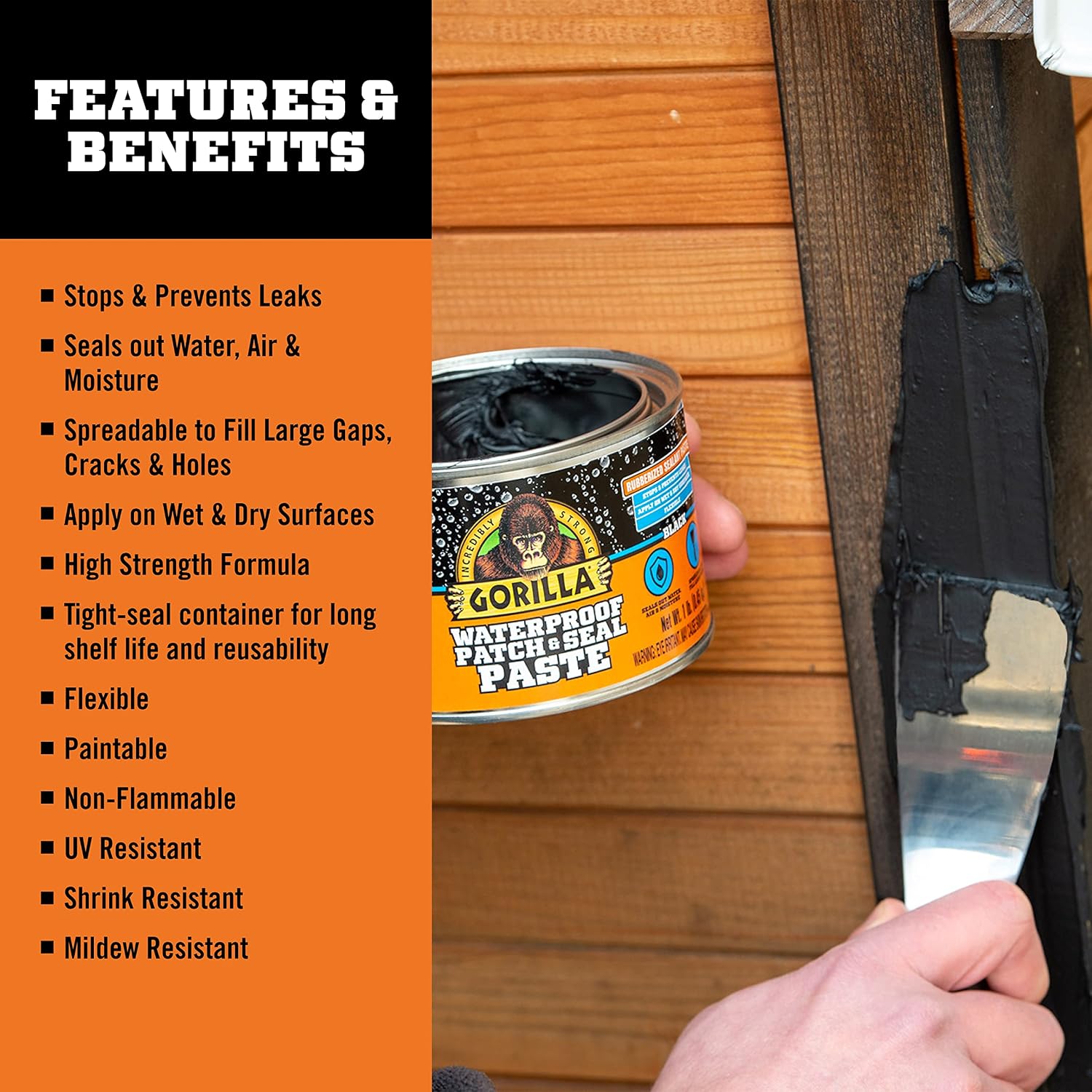 Waterproof Patch & Seal Rubberized Sealant Paste, Black, 1lb Can