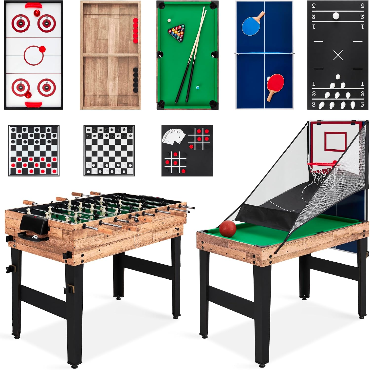 Combo Game Table Set for Home, Game Room, Friends & Family w/Ping Pong, Foosball, Basketball, Air Hockey, Archery