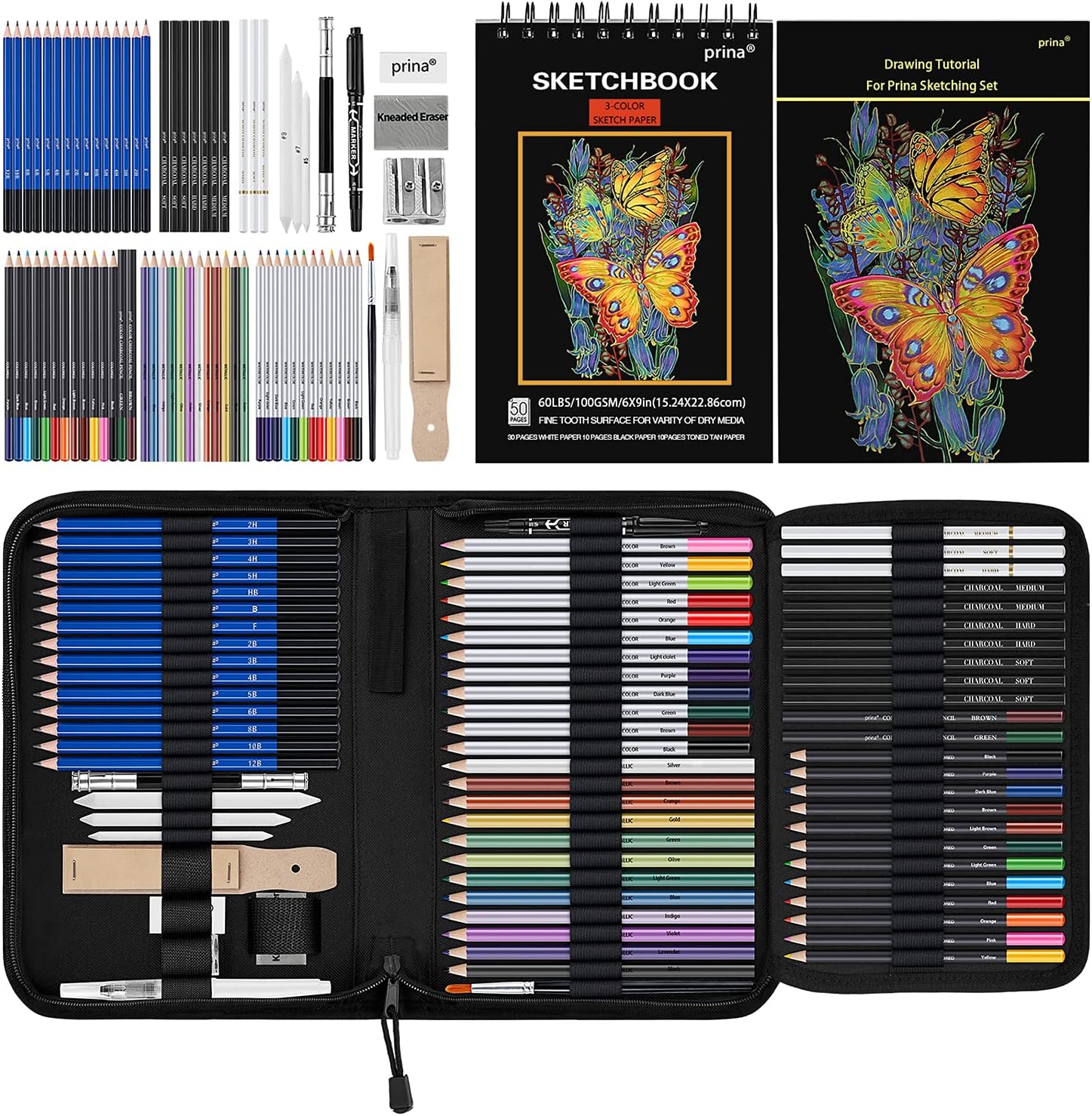 76 Pack Drawing Set Sketching Kit, Pro Art Supplies with 3-Color Sketchbook, Include Tutorial, Colored, Graphite