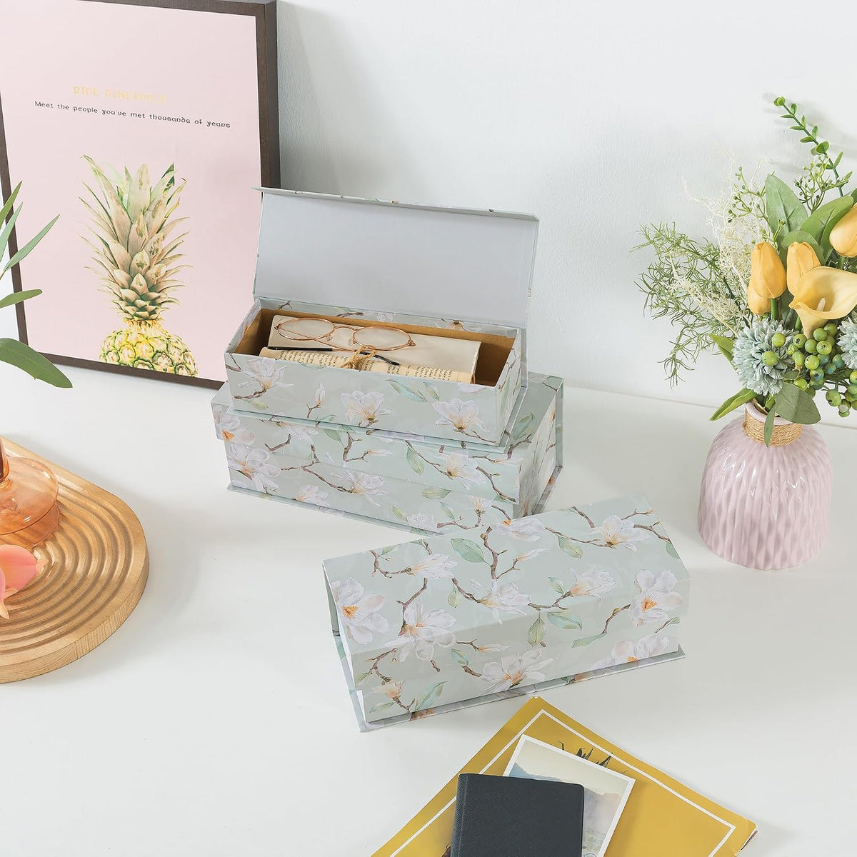 Magnetic Decorative Storage Boxes, Set of 3, Ethereal Blossom