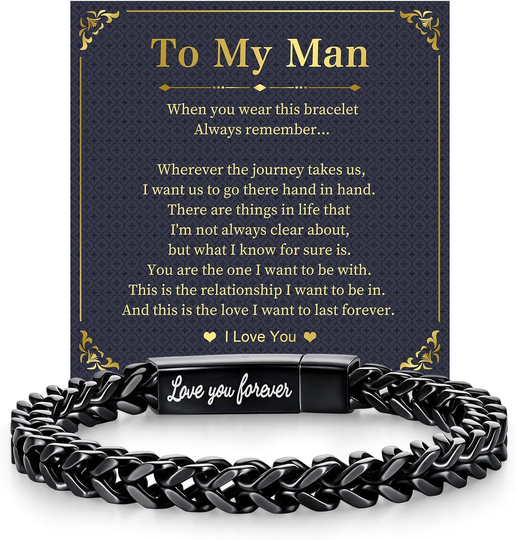 Black Chain Bracelets for Men : Stainless Steel Franco Chains Love you Forever Engraved Link Men's Bracelet to Son