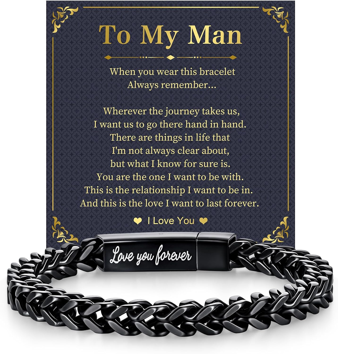 Black Chain Bracelets for Men : Stainless Steel Franco Chains Love you Forever Engraved Link Men's Bracelet to Son