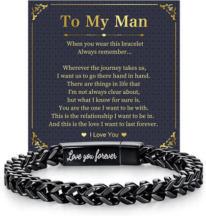Black Chain Bracelets for Men : Stainless Steel Franco Chains Love you Forever Engraved Link Men's Bracelet to Son