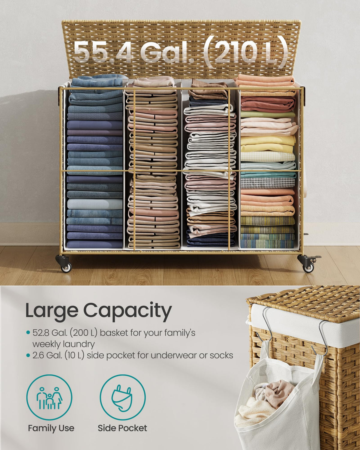 Rolling Laundry Hamper with Lid, 210 L 4-Section Synthetic Rattan