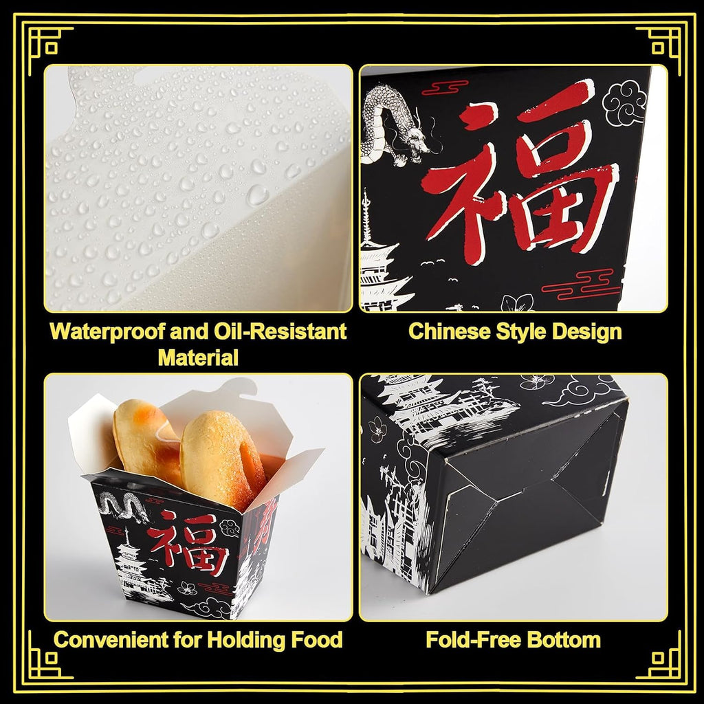 25 Sets Black Chinese Take Out Food Boxes with Chopsticks