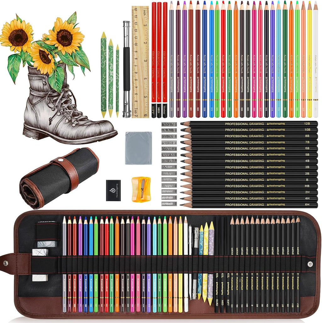 Sketching Drawing Art Pencil Kit-50 Piece Set with 24 Color Pencils for Coloring Books, 14 Graphite 3 Charcoal