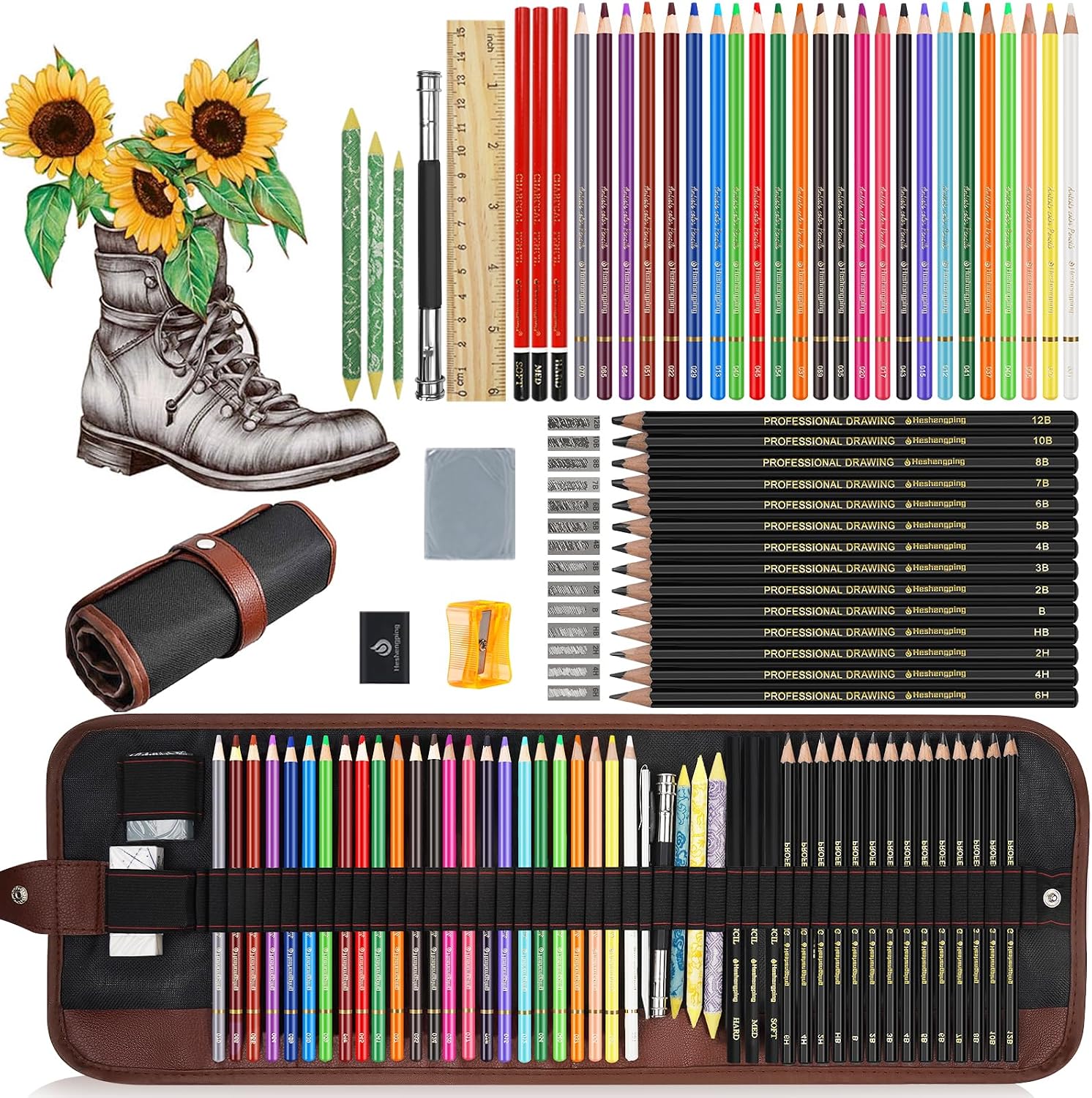 Sketching Drawing Art Pencil Kit-50 Piece Set with 24 Color Pencils for Coloring Books, 14 Graphite 3 Charcoal