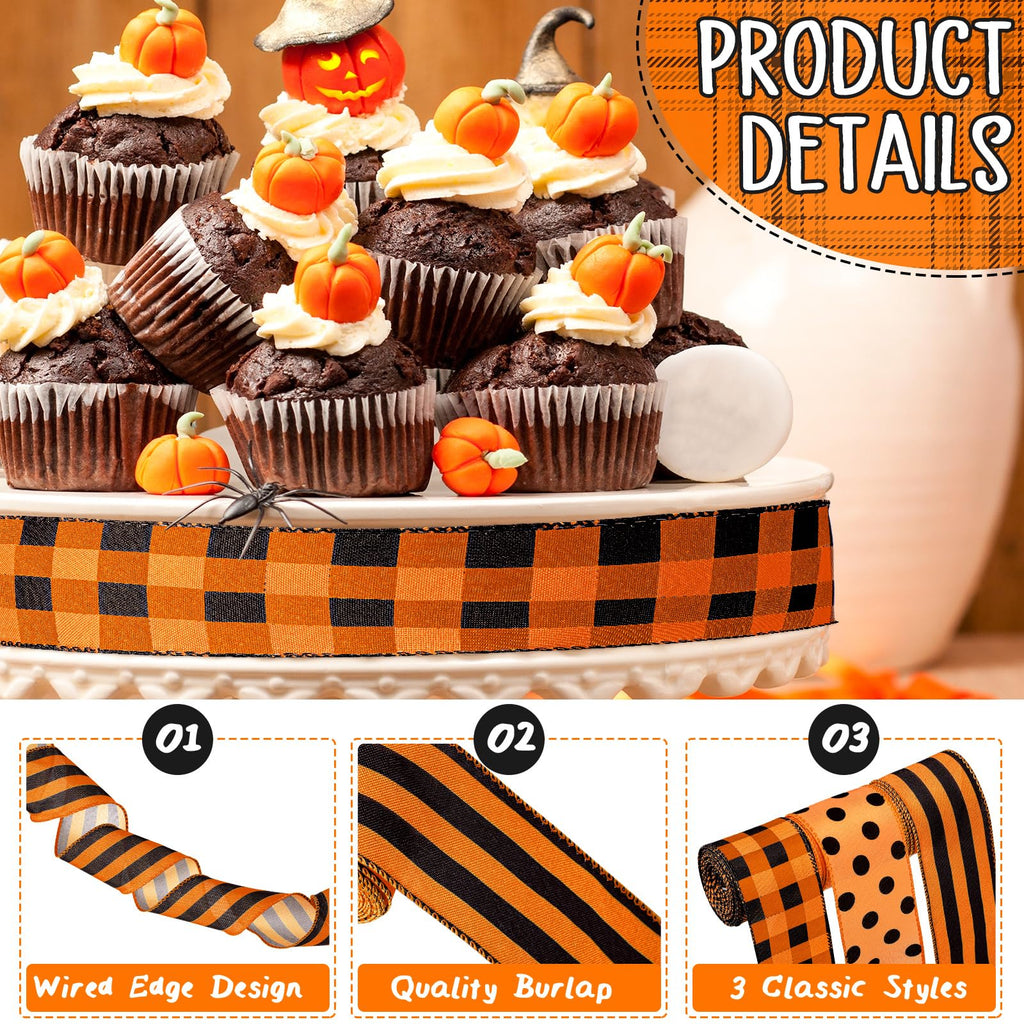 3 Rolls 2.5 Inch x 15 Yards Fall Halloween Orange and Black Wired Ribbon