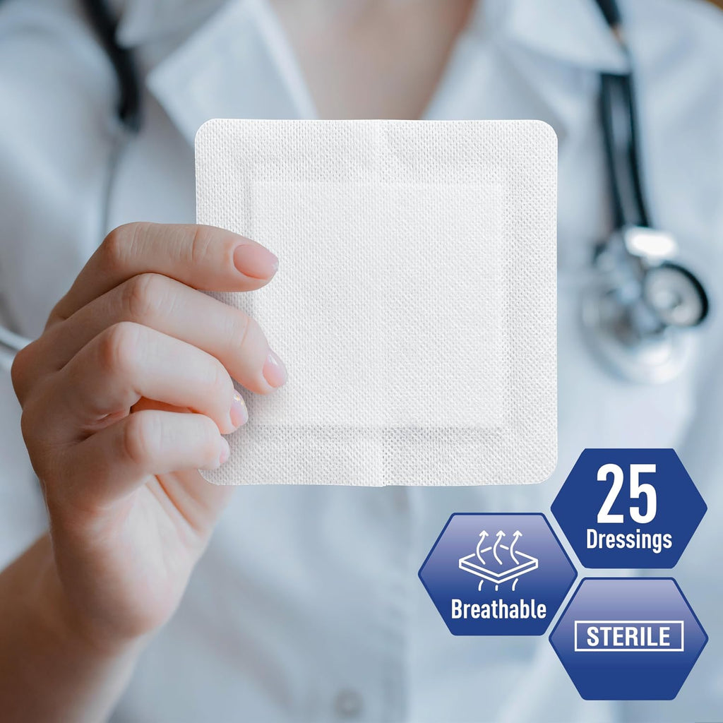 Adhesive Gauze Pads 6x6, 25 Sterile Individually Packed Nonstick Breathable Bandages for Wounds, Highly Absorbent