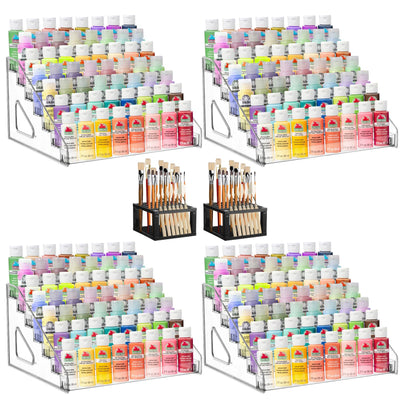 4 Pcs Clear Paint Organizer With 2 Pcs Paint Brush Holder,7 Layers Acrylic Paints Organizer Storage Rack,Craft Paints