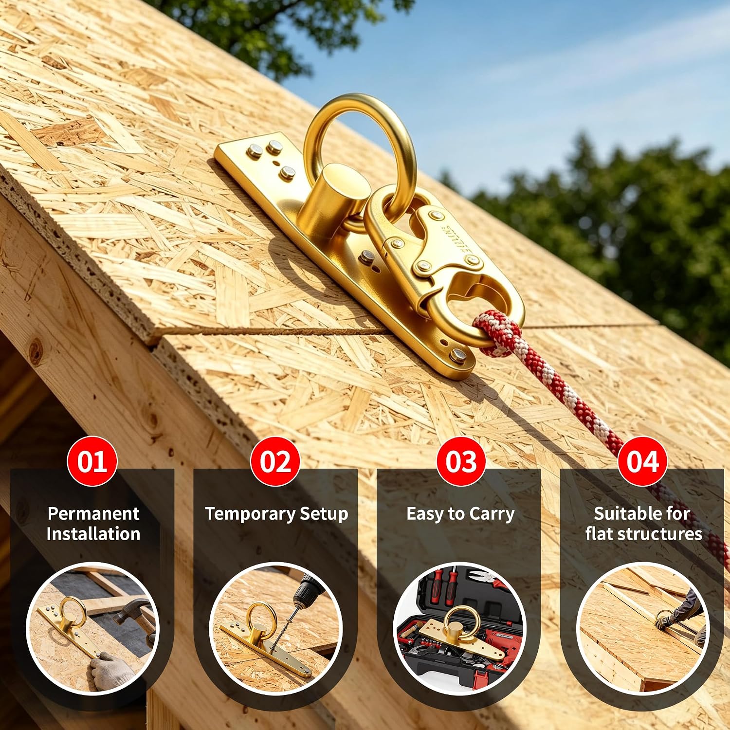 Reusable Roof Anchor for Fall Protection, Gold-Plated Steel