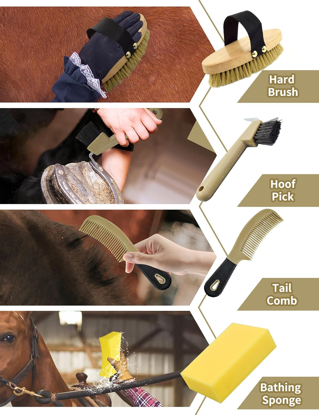 Professional 10 Pieces Horse Grooming Kit with Tote Bag, Horse Brush & Curry Comb Set for Effective Grooming and
