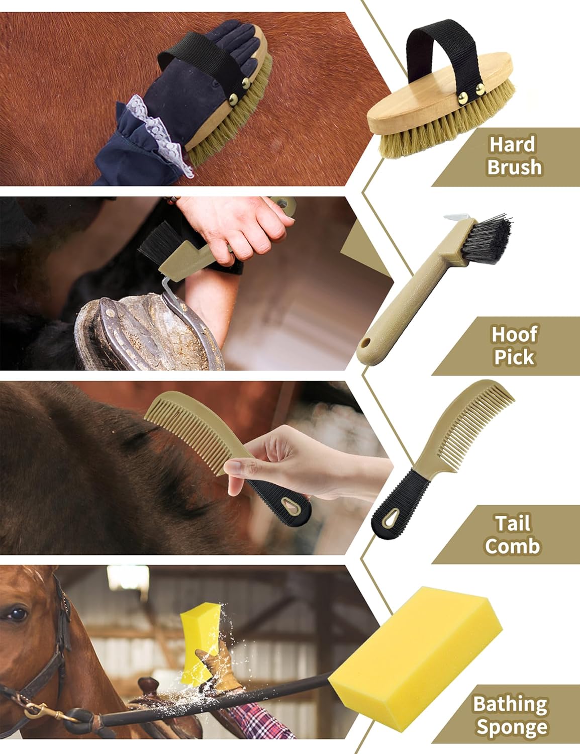 Professional 10 Pieces Horse Grooming Kit with Tote Bag, Horse Brush & Curry Comb Set for Effective Grooming and