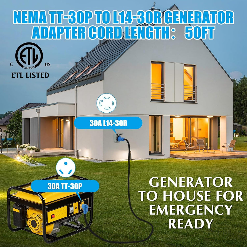 15 ft NEMA TT-30P to L14-30R Generator Transfer Switch Adapter | 30 Amp TT-30P Male to L14-30R Female with Locking