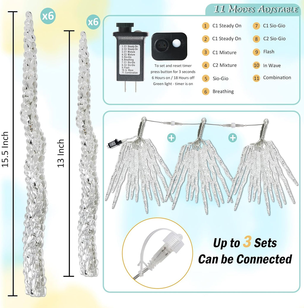 21.7 FT Icicle Lights, 60 LED Twinkle Icicle String Lights with 12Tube | Multicolour Christmas Light with 11 Modes
