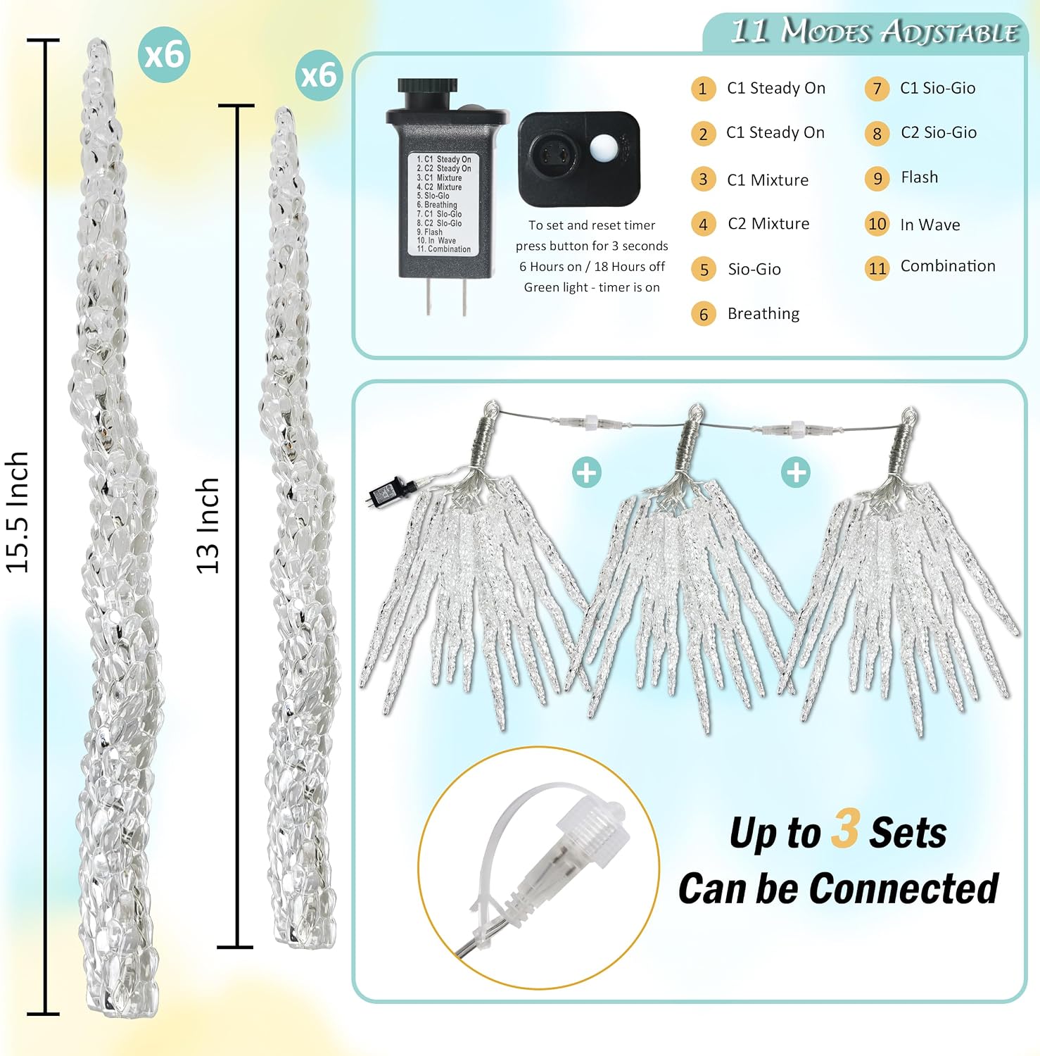 21.7 FT Icicle Lights, 60 LED Twinkle Icicle String Lights with 12Tube | Multicolour Christmas Light with 11 Modes