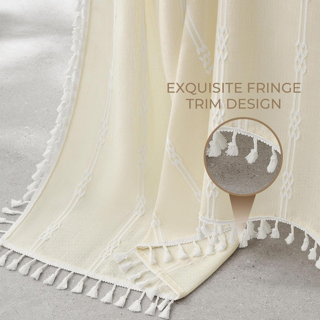 Linen Texture 3 in 1 Farmhouse Shower Curtain Set with Tassel, Boho Fabric Shower Curtains for Bathroom, Cream, 72W x