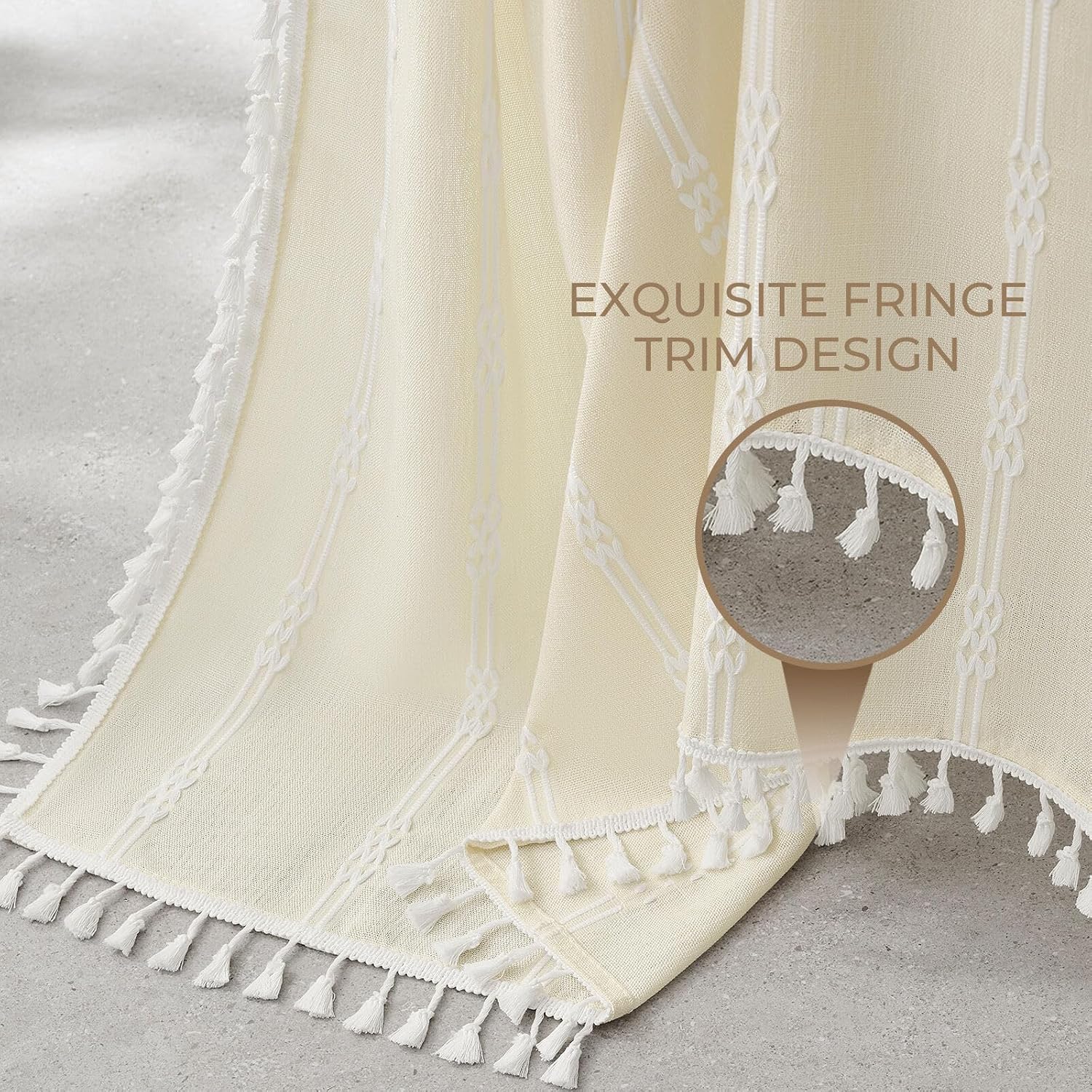 Linen Texture 3 in 1 Farmhouse Shower Curtain Set with Tassel, Boho Fabric Shower Curtains for Bathroom, Cream, 72W x