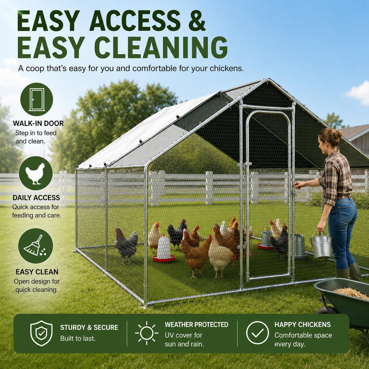 10x10x6.5 FT Metal Chicken Coop, Large Chicken Run with Cover