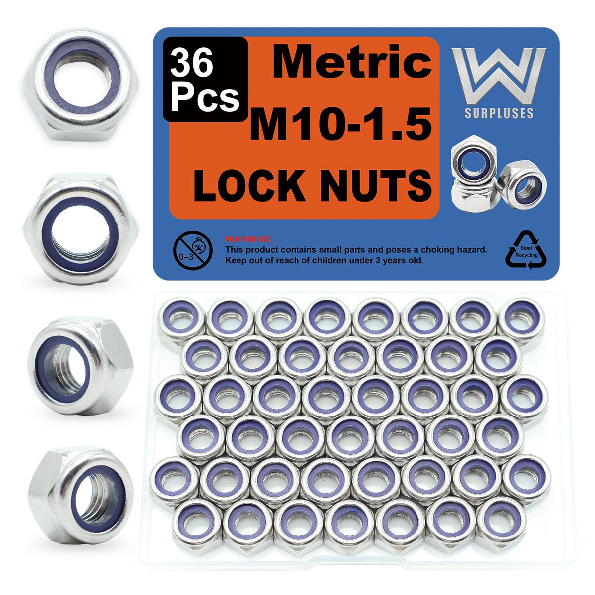M10-1.5 Nylon Insert Lock Nuts 36 Pack, 304 Stainless Steel Hardware Nuts
