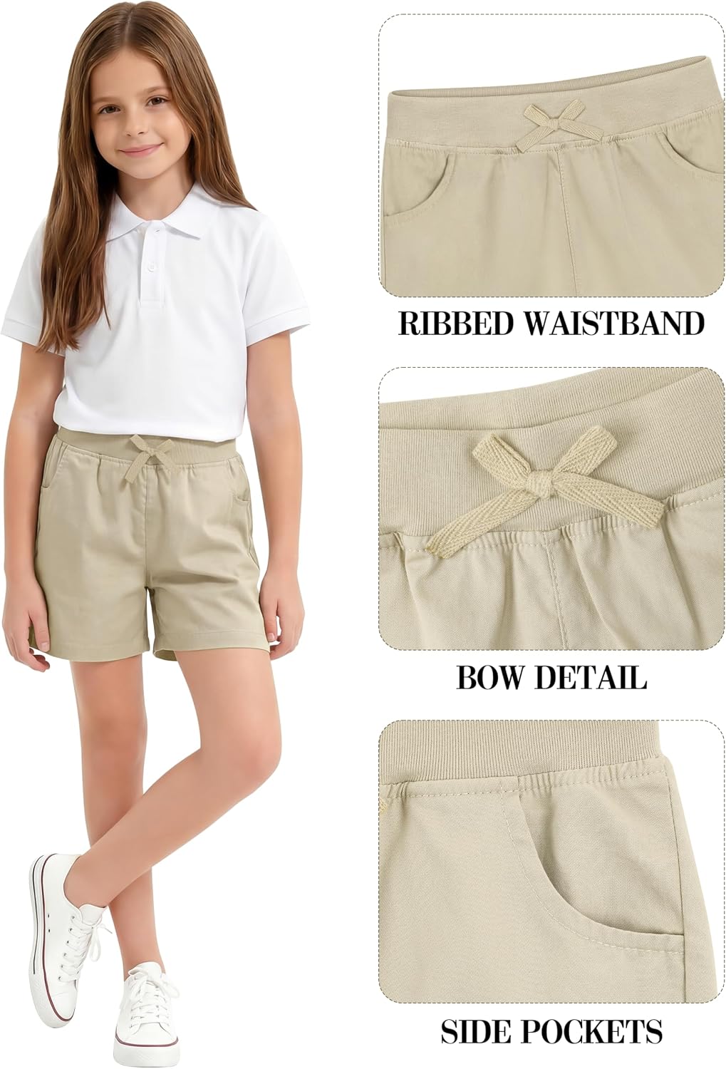 3 Pack Girls School Uniform Bermuda Shorts Pull-on Chino Elastic Waist Summer Soft Play Shorts with Pockets 5-13Y