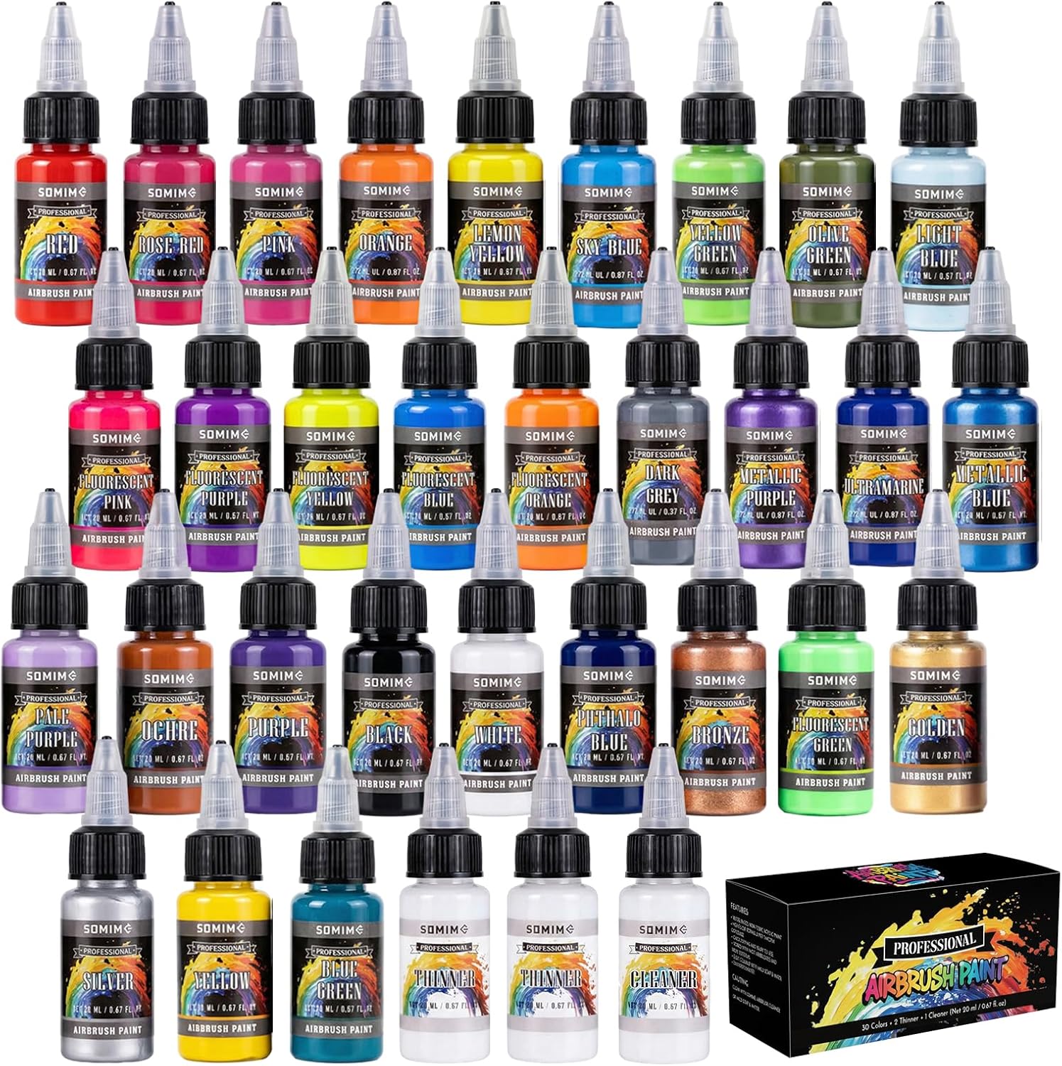 30 Colors Acrylic Airbrush Paint Set with 2 Thinners and 1 Cleaner | Air Brush Paints for Wood, Metal, Canvas, and
