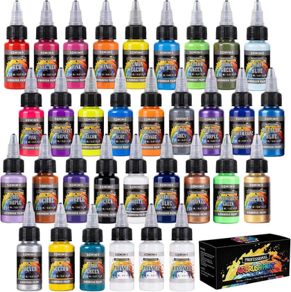 30 Colors Acrylic Airbrush Paint Set with 2 Thinners and 1 Cleaner | Air Brush Paints for Wood, Metal, Canvas, and