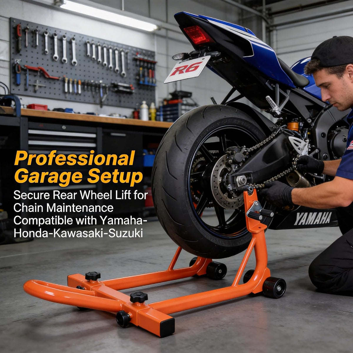 Heavy Duty 3-in-1 Motorcycle Rear Stand, 990LB Capacity Motorcycle Lift Stand with U+L Fork Swingarm Spool Adapters
