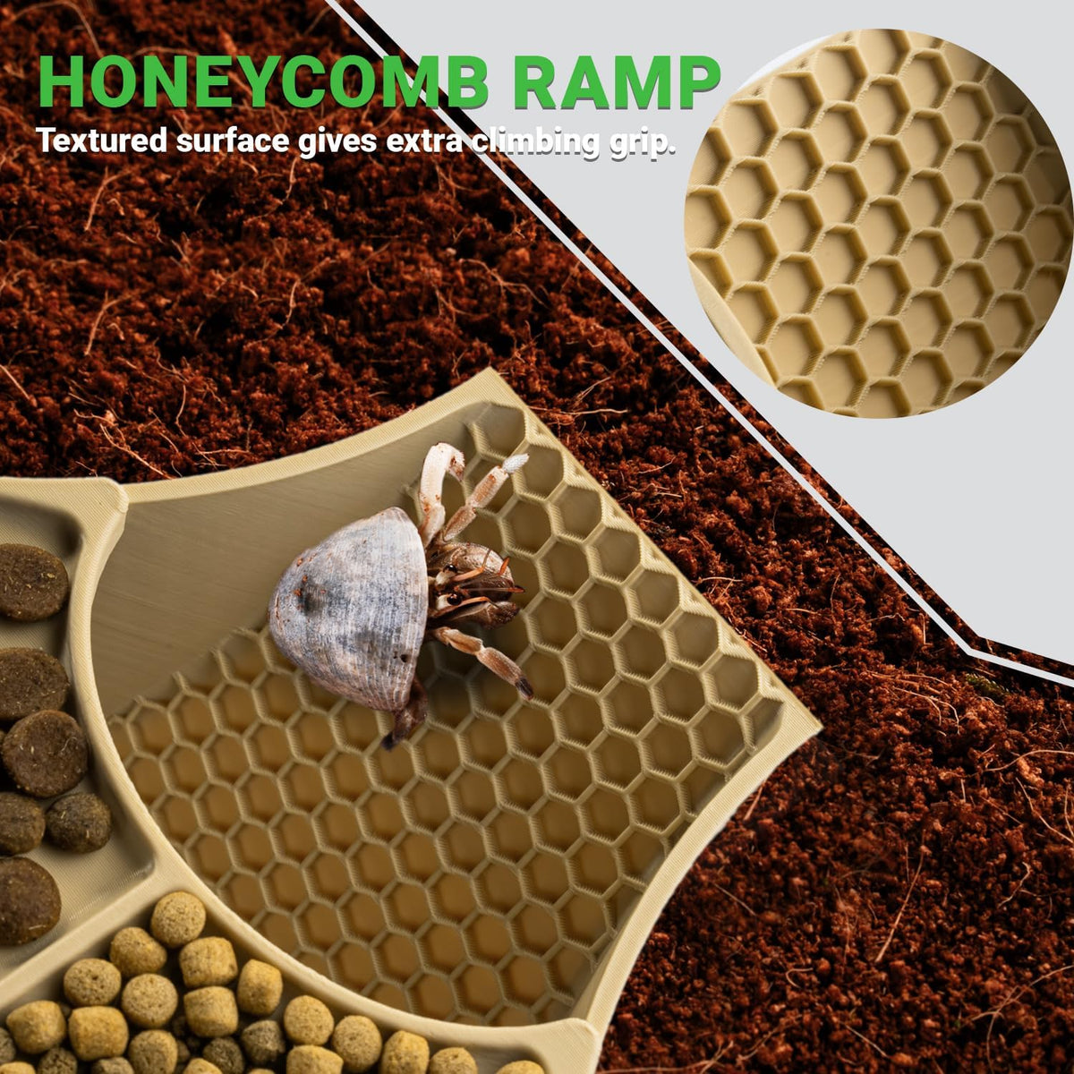 Hermit Crab Habitat Shelter with Dual Food Bowls, 2-in-1 Cave Shelter & Feeding Dish, Textured Climbing Ramp &