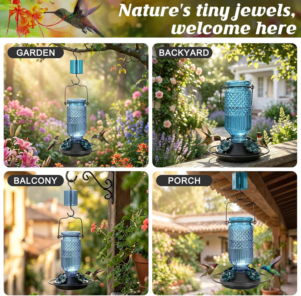 Glass Hummingbird Feeder for Outdoors Hanging, 16 OZ Humming Birds Feeders with 4 Bee Guard Feeding Ports & Built-in