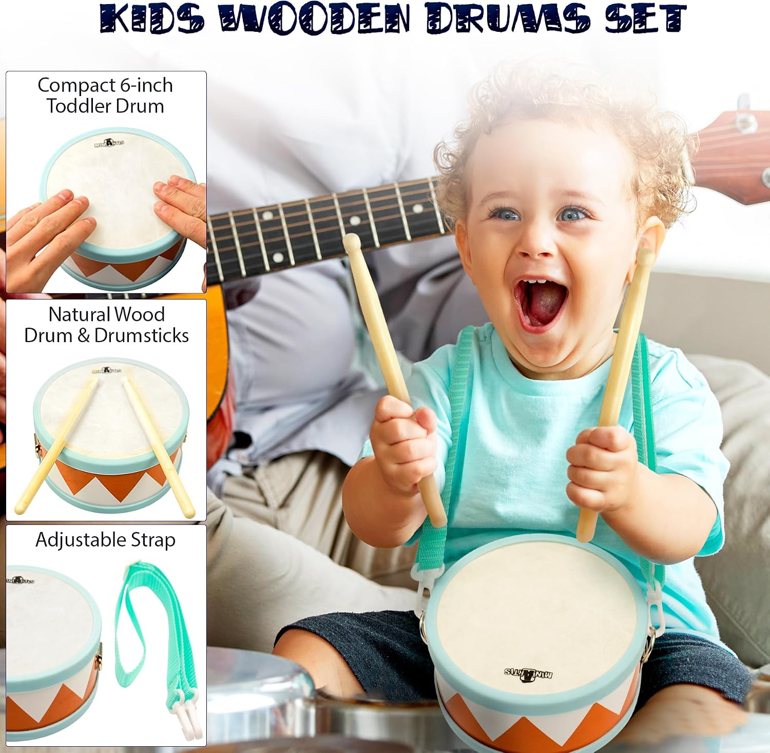 Toddler Musical Instruments - Montessori Wooden Musical Toys for Toddlers 1-3 | Modern Boho Baby Drum Set with
