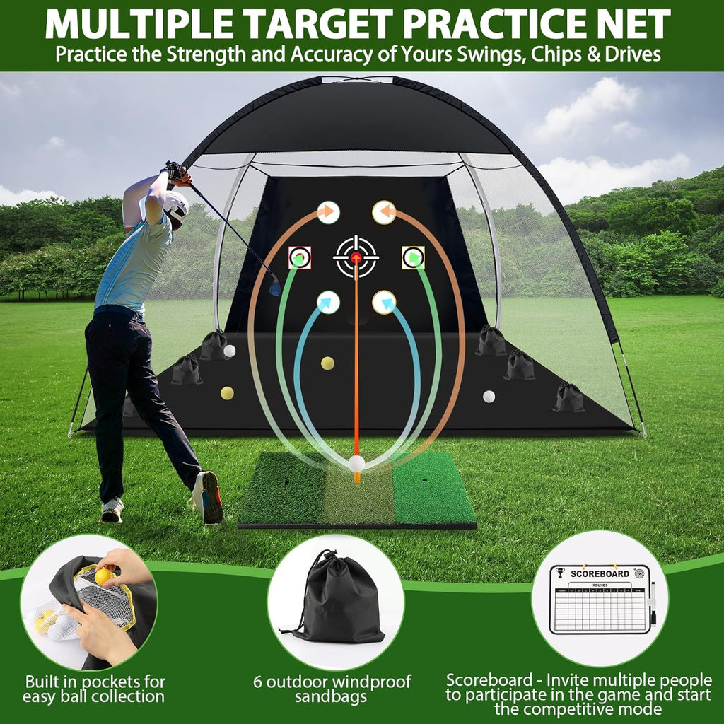 Golf Net, 10x7 Ft Practice Hitting Golf Net with Tri-Turf Mat, Ball, Tee, and Carring Bag, All-in-One Multi-Target