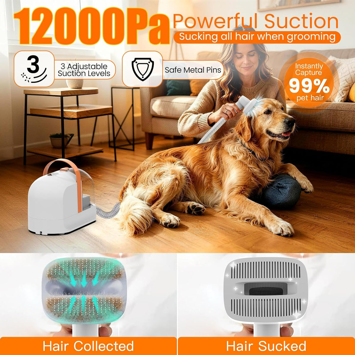 PG10 Dog Grooming Vacuum with Electric Clipper & Shedding Brush, 12,000Pa Suction Pet Grooming Vacuum for Dogs, Low
