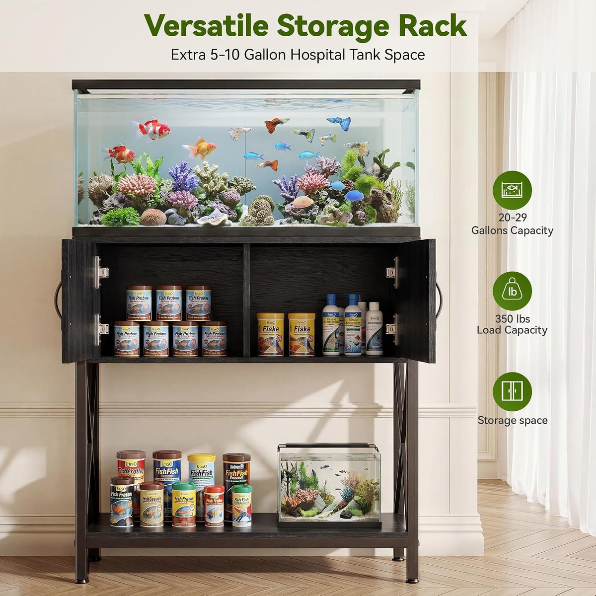 20-29 Gallon Fish Tank Stand, Metal Double Aquarium Stand with Storage Cabinet, Heavy Duty 31.5" L* 16.54" W