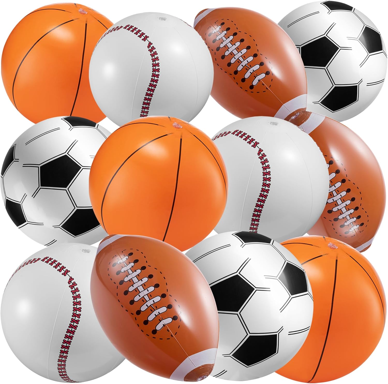 16" Inflatable Sports Beach Balls Variety Pack (12 Pcs) - 3 of Each - Basketball, Baseball, Football, Soccer Beach