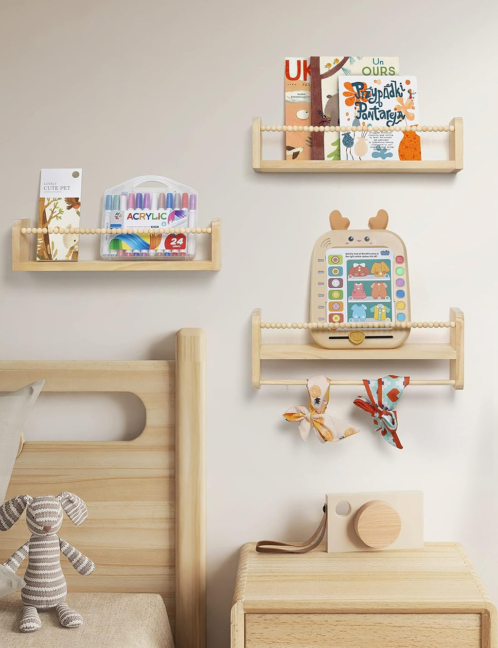 Nursery Floating Shelves for Wall, Set of 3 Book Shelves Natural Wood Wall Mounted Organizer with Towel Bar Hanging