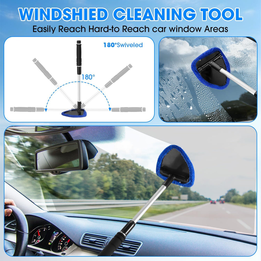 Windshield Cleaner Tool, Car Interior Cleaning Kit with Extendable Handle and 3 Reusable Microfiber Pads, Auto Glass