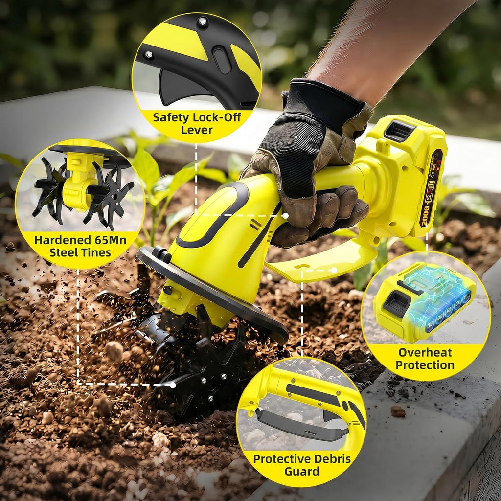 Cordless Tiller Cultivator, 235RPM Electric Hand Tiller with 2×2.0Ah Batteries, 4" Tilling Width & Depth, Powerful